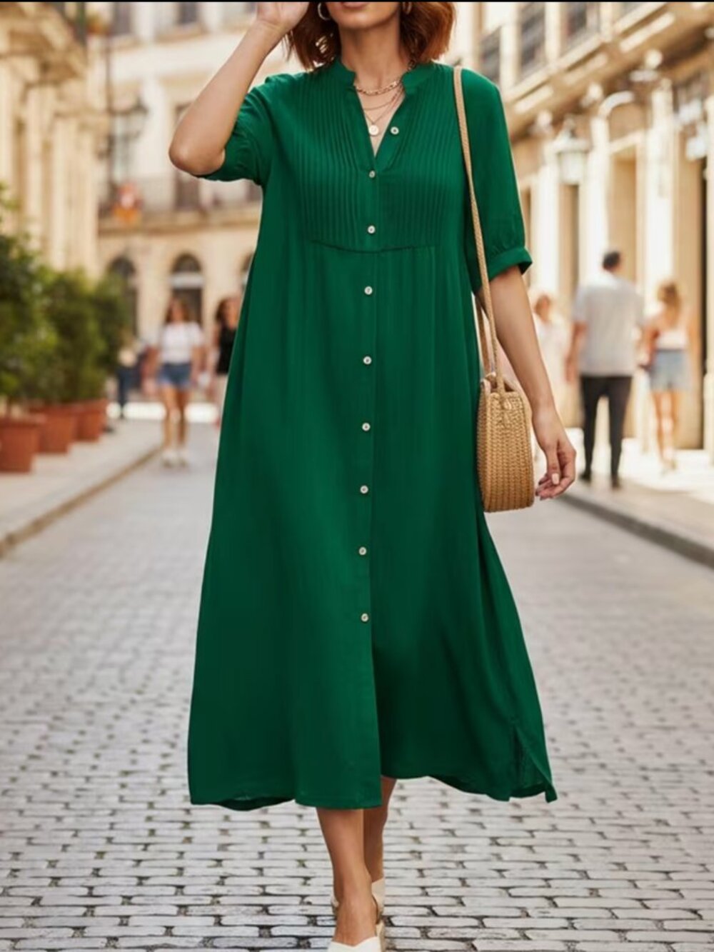 Green Pleated Shirt Dress